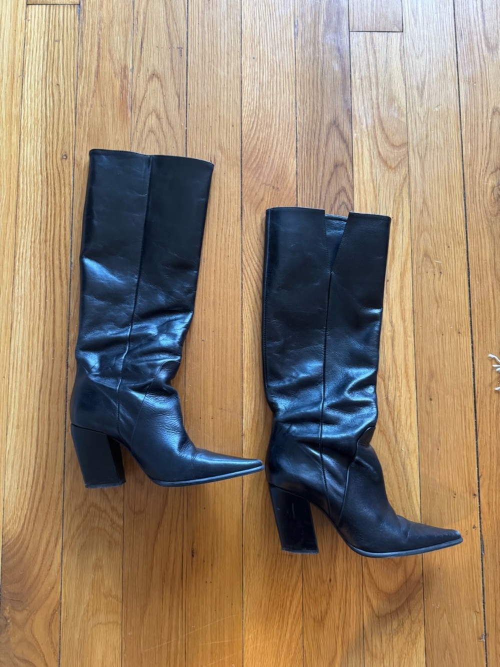 Zara Black Pointed Toe Mid-Calf Block Heel Boots
